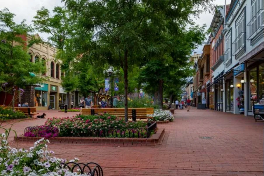 The Pearl Street Mall, with trees, benches and flower beds along the brick walkway.