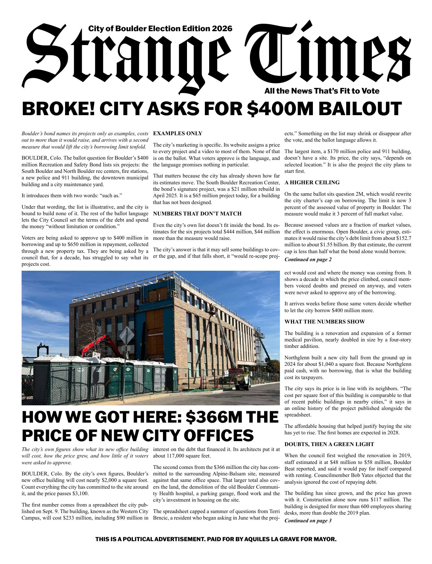 Page 1. Strange Times front page: Broke! City asks for $400M bailout; How we got here: $366M the price of new city offices.