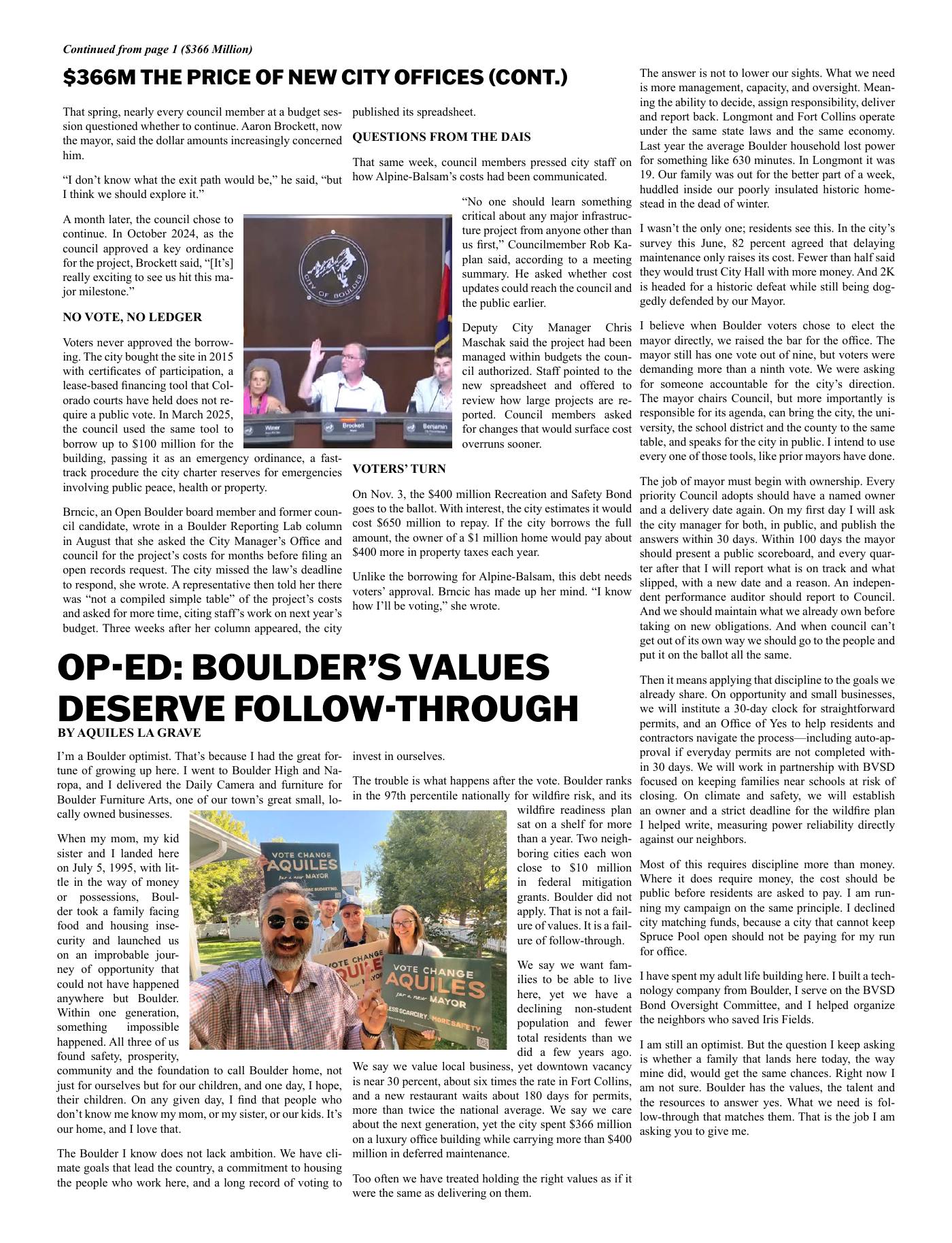 Page 3. $366M the price of new city offices, continued; Op-ed: Boulder’s values deserve follow-through, by Aquiles La Grave.