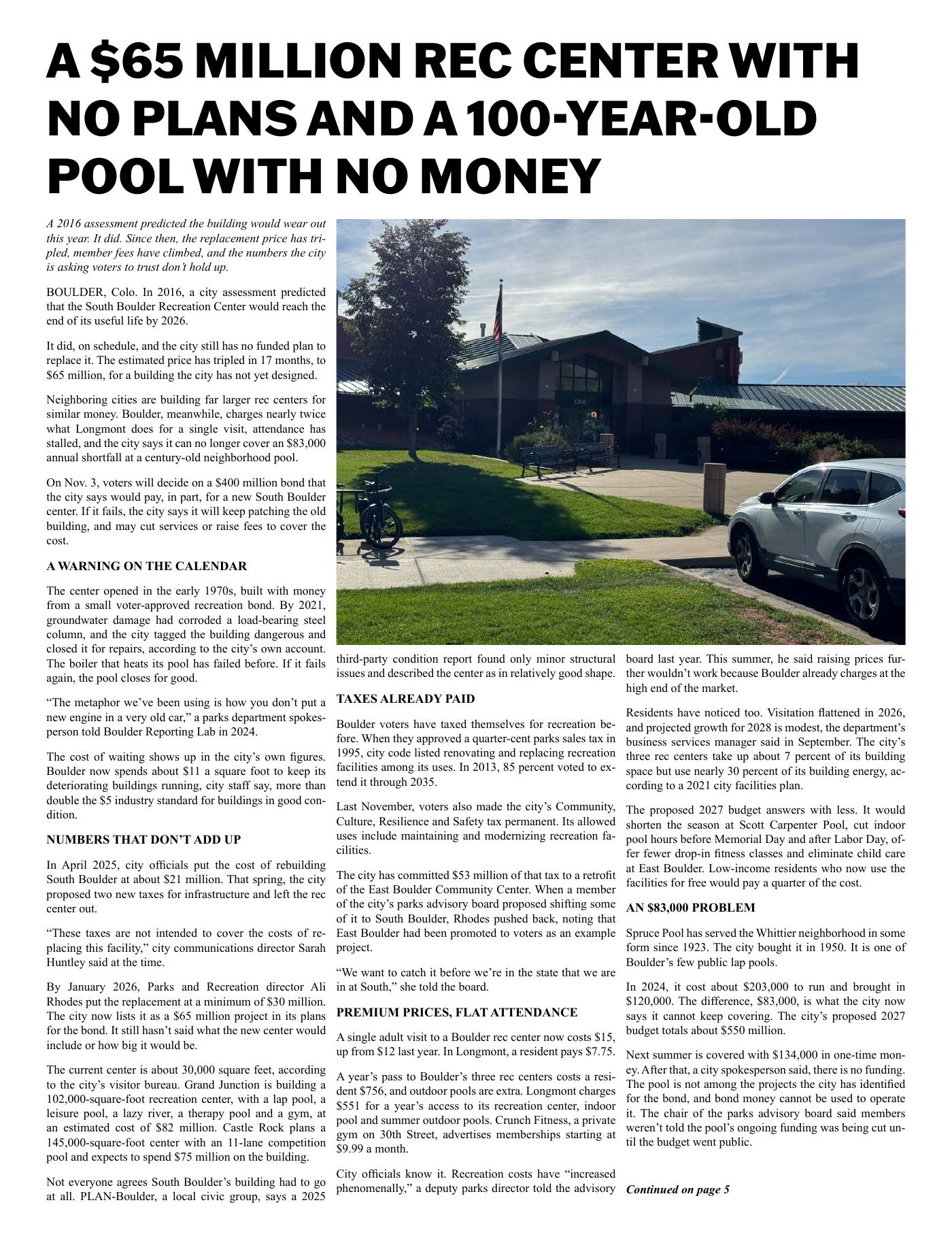 Page 4. A $65 million rec center with no plans and a 100-year-old pool with no money.