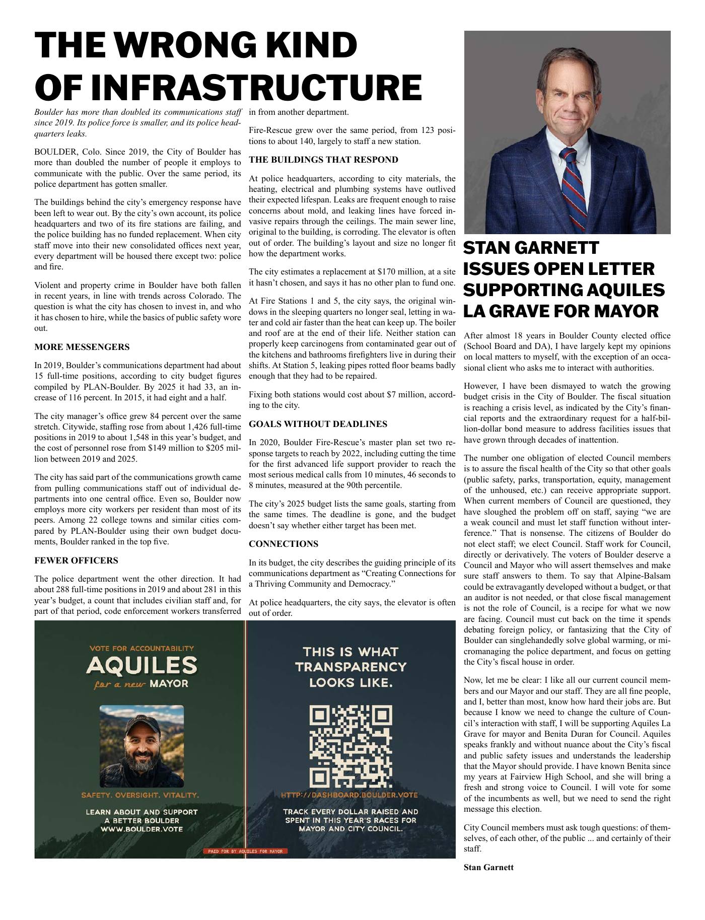 Page 7. The wrong kind of infrastructure; Stan Garnett issues open letter supporting Aquiles La Grave for mayor.