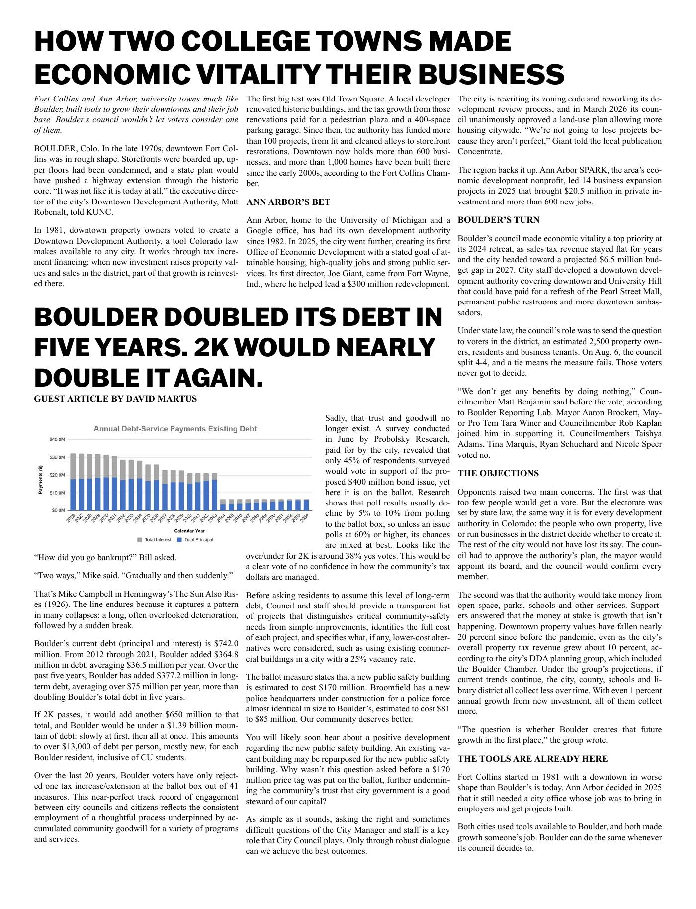 Page 8. How two college towns made economic vitality their business; Boulder doubled its debt in five years. 2K would nearly double it again.